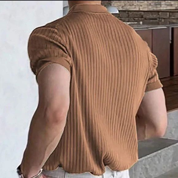 Brown / tan Men’s button v neck collared polo short sleeve rib knit shirt - Picture 2 of 4